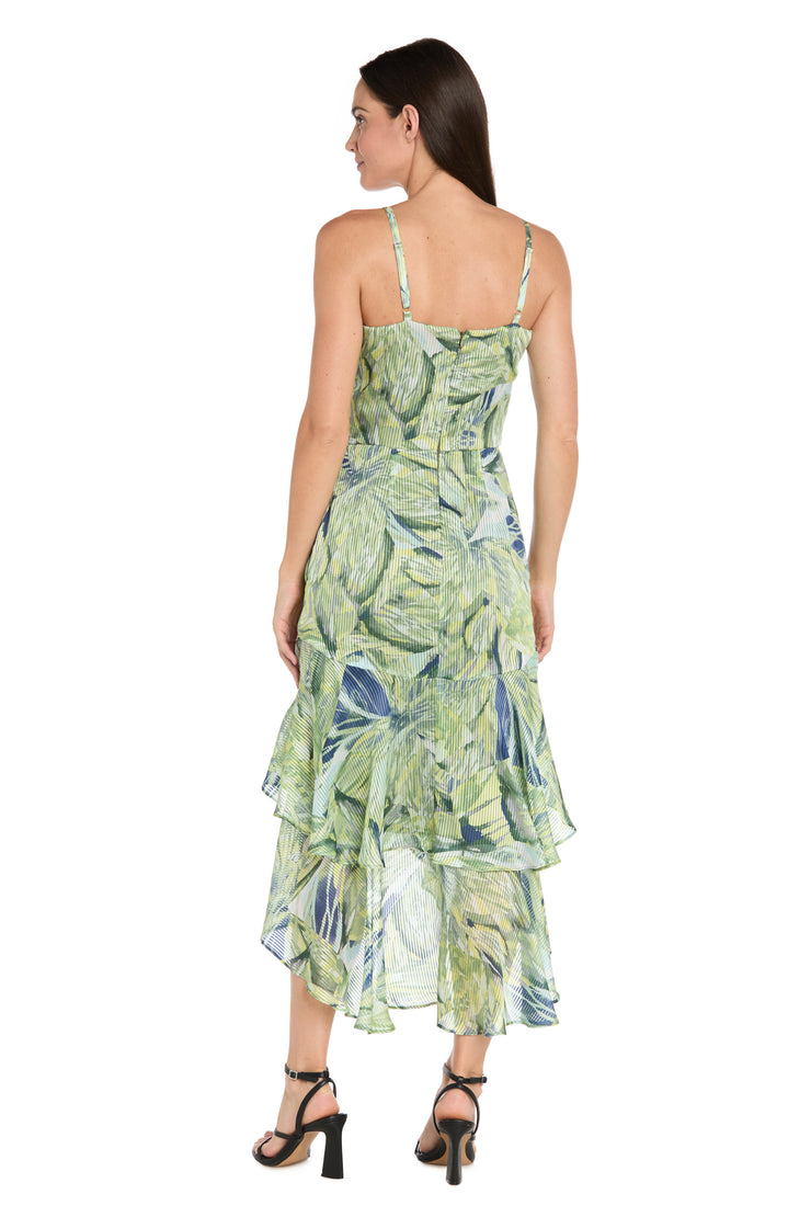 Leaf Print High-Low Chiffon Midi Dress