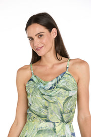 Leaf Print High-Low Chiffon Midi Dress