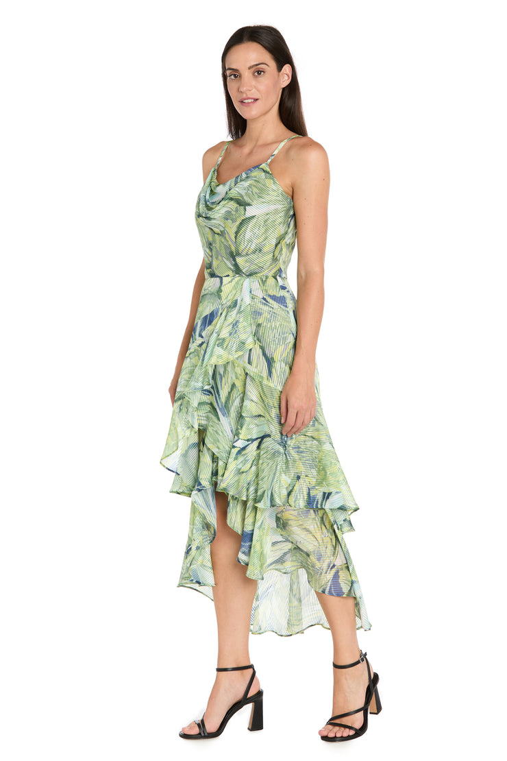 Leaf Print High-Low Chiffon Midi Dress