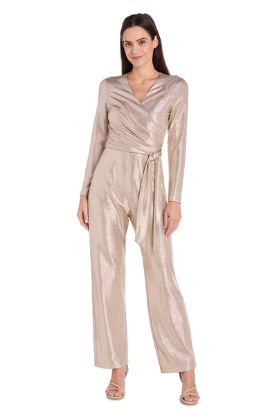 Metallic Pleated Long-Sleeve Jumpsuit with Tie Waist
