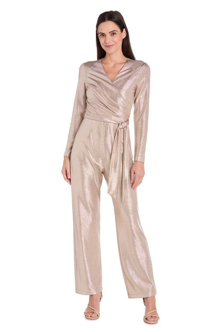 Metallic Pleated Long-Sleeve Jumpsuit with Tie Waist