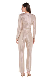 Metallic Pleated Long-Sleeve Jumpsuit with Tie Waist