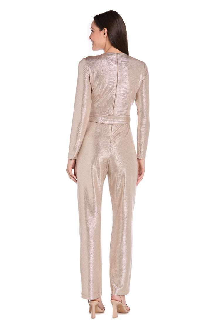 Metallic Pleated Long-Sleeve Jumpsuit with Tie Waist