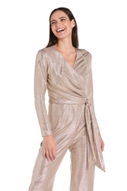 Metallic Pleated Long-Sleeve Jumpsuit with Tie Waist