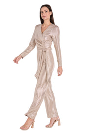Metallic Pleated Long-Sleeve Jumpsuit with Tie Waist