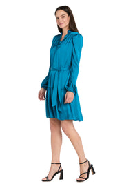 Silky Charmeuse Mini Dress with V-Neckline, Belt Sash & Long Sleeves