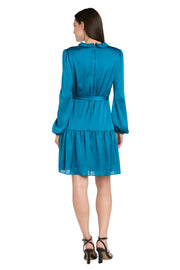 Silky Charmeuse Mini Dress with V-Neckline, Belt Sash & Long Sleeves