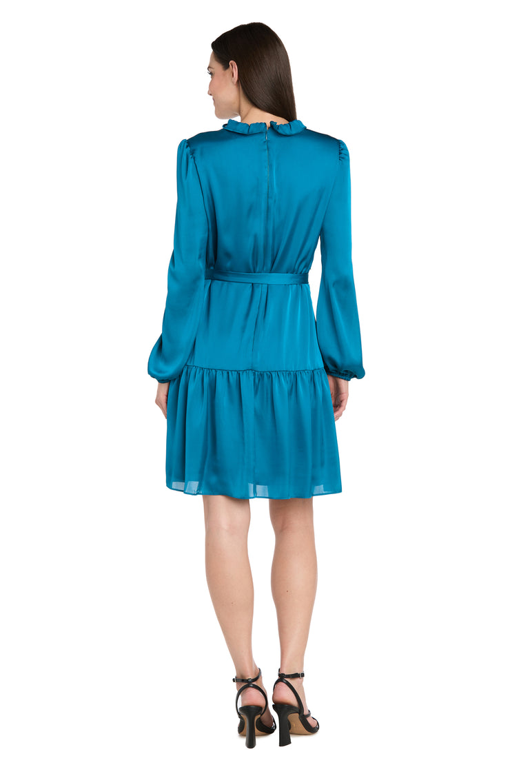Silky Charmeuse Mini Dress with V-Neckline, Belt Sash & Long Sleeves