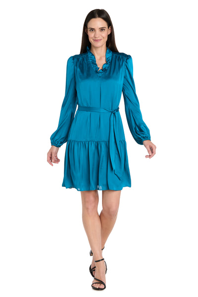 Silky Charmeuse Mini Dress with V-Neckline, Belt Sash & Long Sleeves