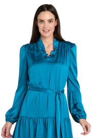 Silky Charmeuse Mini Dress with V-Neckline, Belt Sash & Long Sleeves