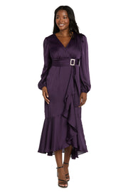 Satin Dress with Bell Sleeves and Rhinestone Buckle Belt