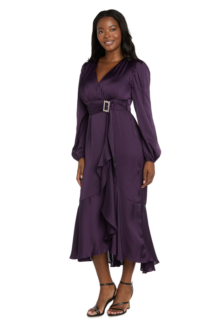 Satin Dress with Bell Sleeves and Rhinestone Buckle Belt