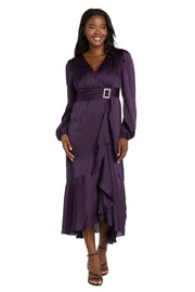 Satin Dress with Bell Sleeves and Rhinestone Buckle Belt