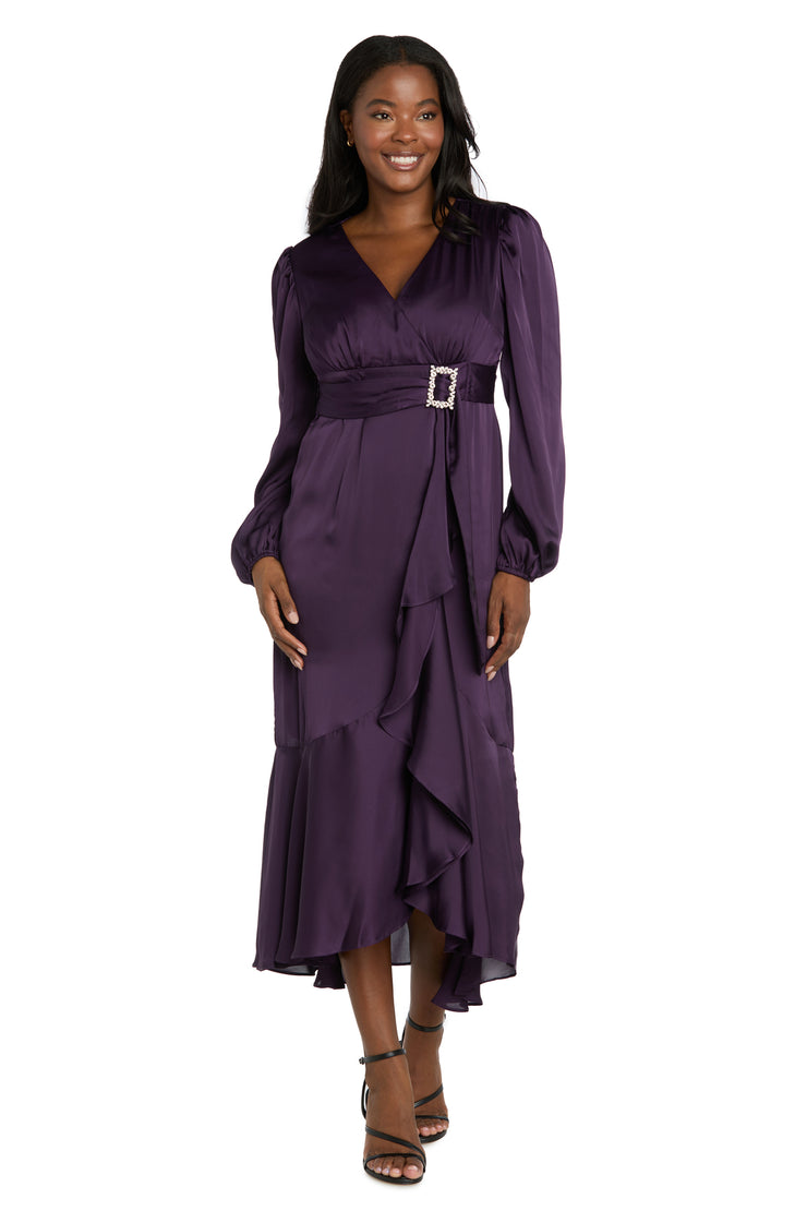 Satin Dress with Bell Sleeves and Rhinestone Buckle Belt