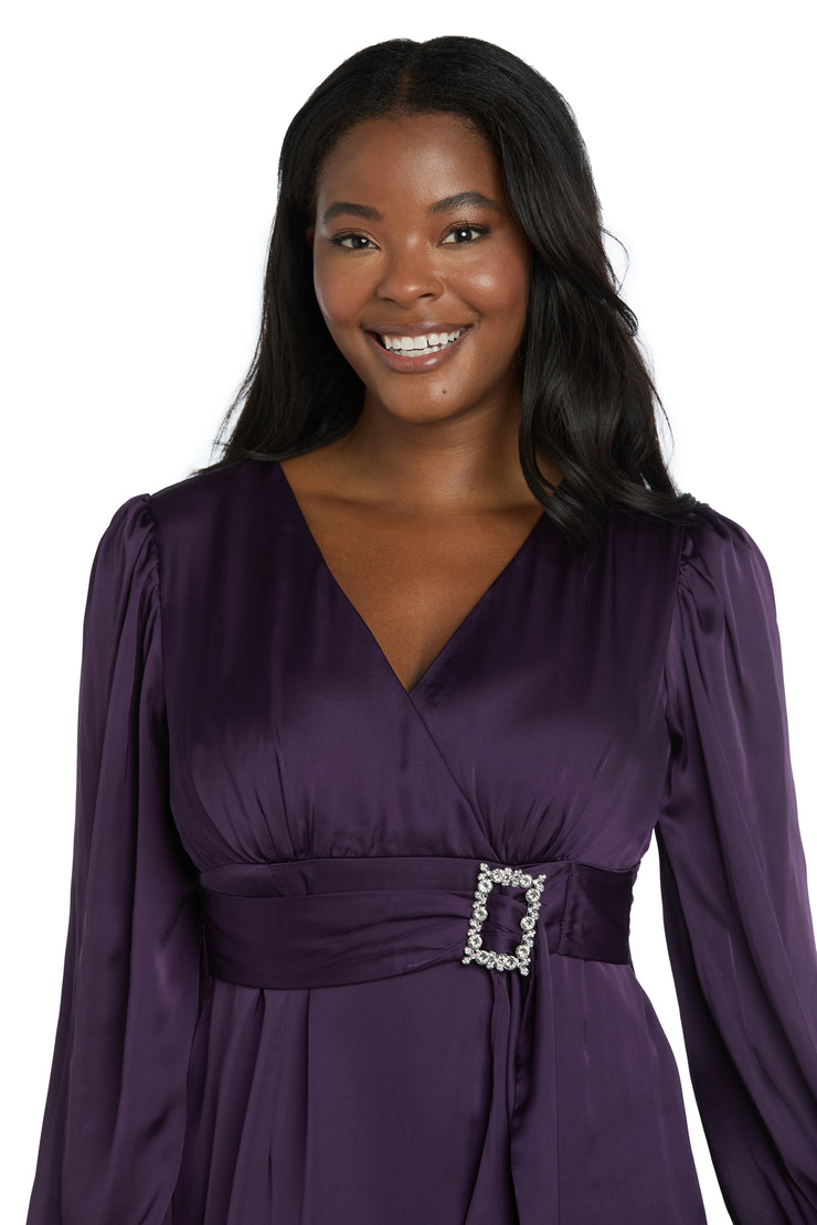 Satin Dress with Bell Sleeves and Rhinestone Buckle Belt