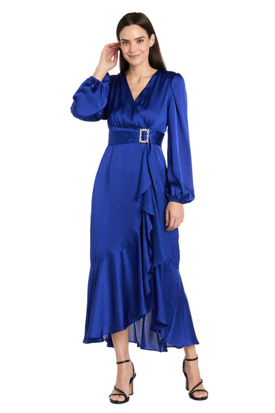 Satin Dress with Bell Sleeves and Rhinestone Buckle Belt