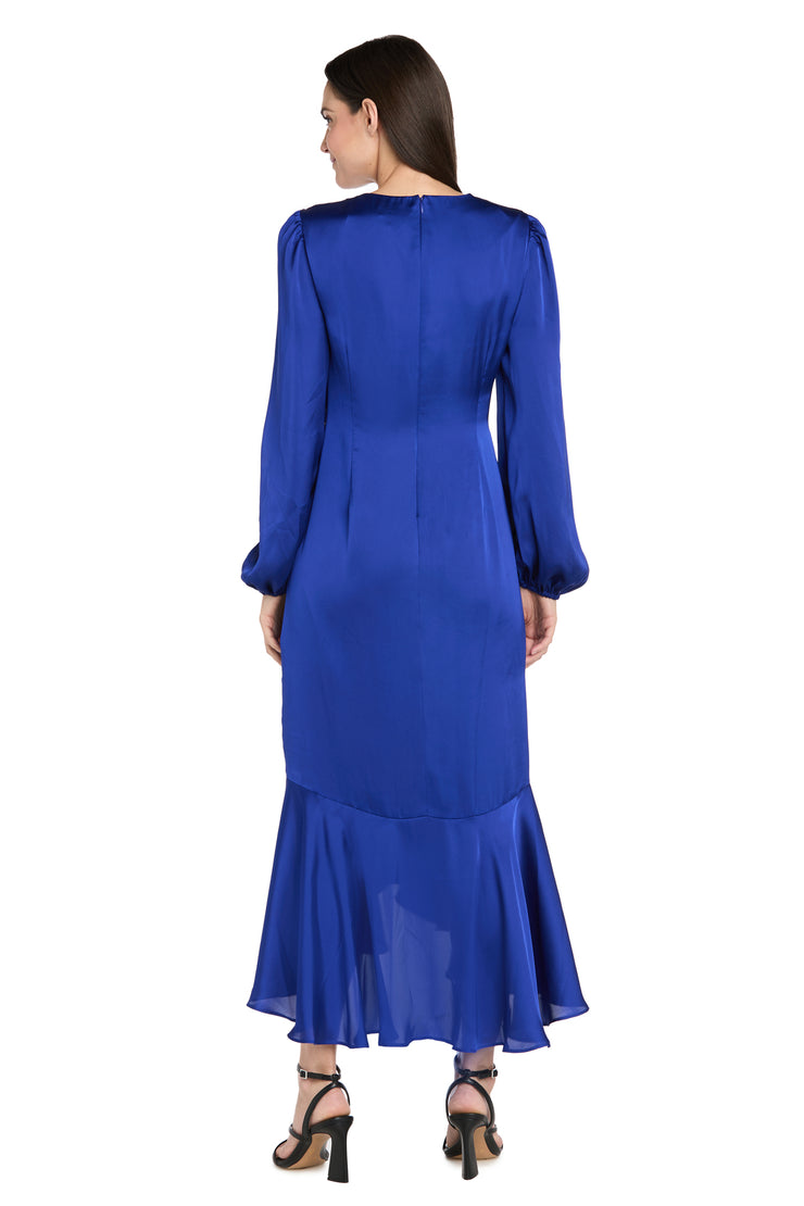 Satin Dress with Bell Sleeves and Rhinestone Buckle Belt