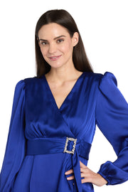 Satin Dress with Bell Sleeves and Rhinestone Buckle Belt