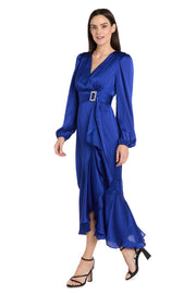 Satin Dress with Bell Sleeves and Rhinestone Buckle Belt