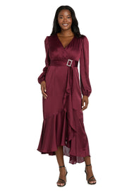 Satin Dress with Bell Sleeves and Rhinestone Buckle Belt