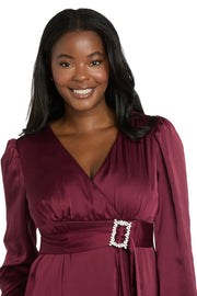 Satin Dress with Bell Sleeves and Rhinestone Buckle Belt