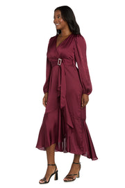 Satin Dress with Bell Sleeves and Rhinestone Buckle Belt