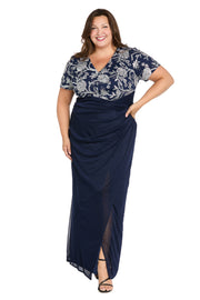 Long Matte Chiffon Dress with Beaded Contrast Floral Bodice - Plus