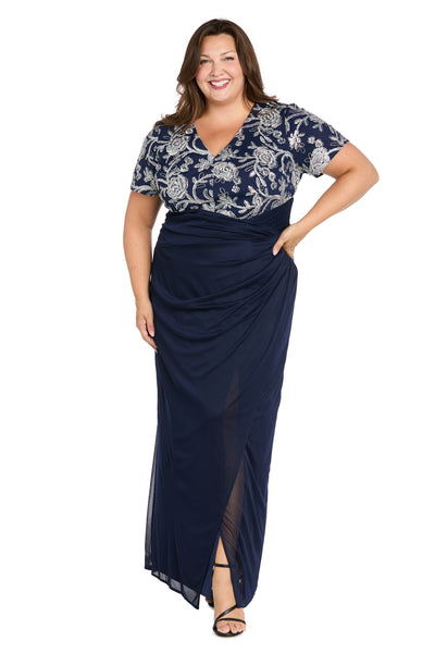 Long Matte Chiffon Dress with Beaded Contrast Floral Bodice - Plus