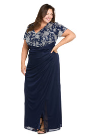 Long Matte Chiffon Dress with Beaded Contrast Floral Bodice - Plus