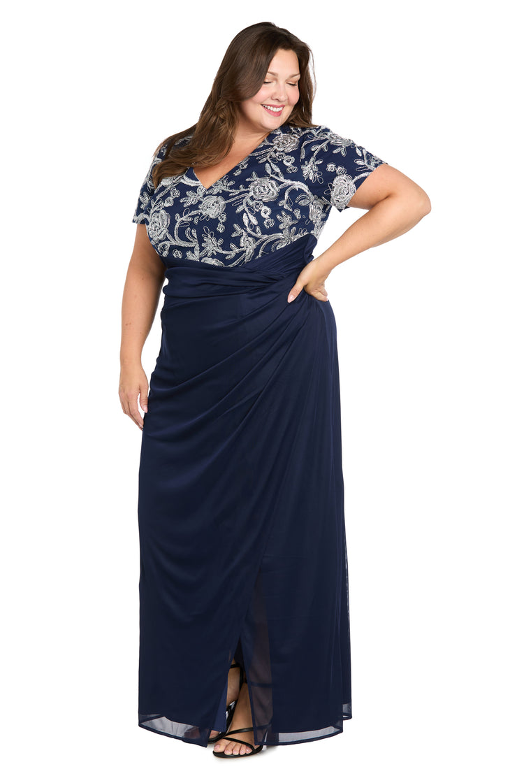 Long Matte Chiffon Dress with Beaded Contrast Floral Bodice - Plus