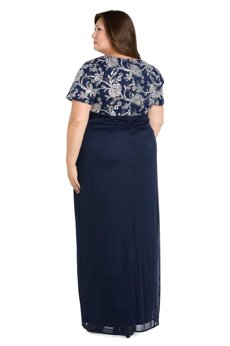 Long Matte Chiffon Dress with Beaded Contrast Floral Bodice - Plus