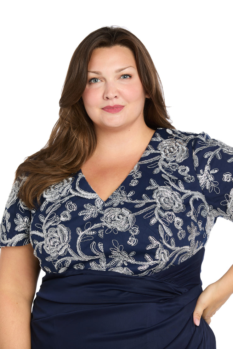 Long Matte Chiffon Dress with Beaded Contrast Floral Bodice - Plus