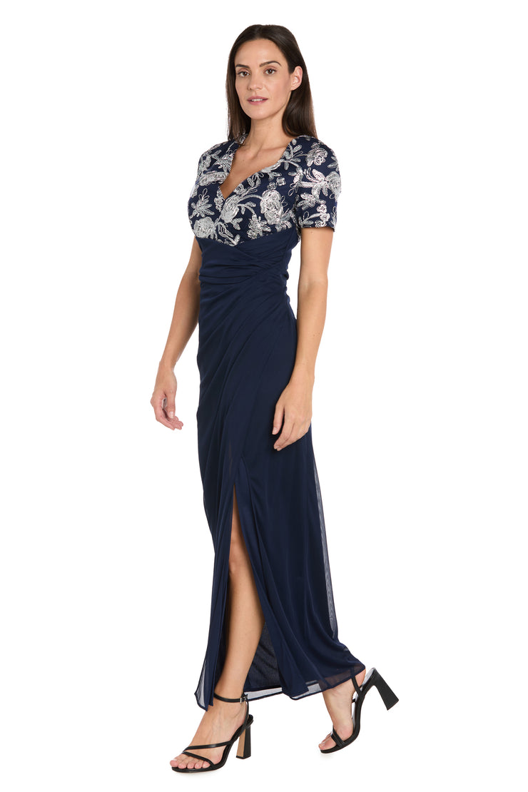 Long Matte Chiffon Dress with Beaded Contrast Floral Bodice - Petite