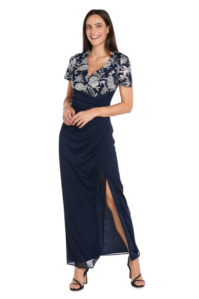Long Matte Chiffon Dress with Beaded Contrast Floral Bodice