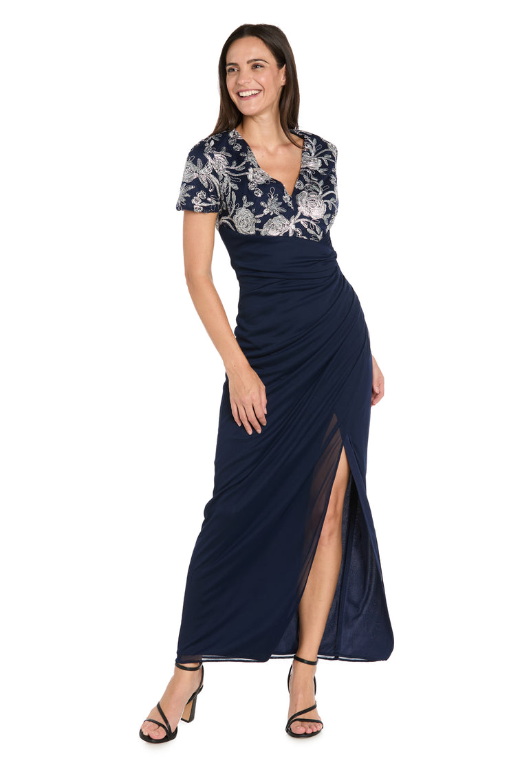 Long Matte Chiffon Dress with Beaded Contrast Floral Bodice - Petite