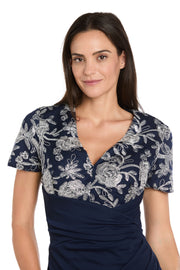 Long Matte Chiffon Dress with Beaded Contrast Floral Bodice - Petite