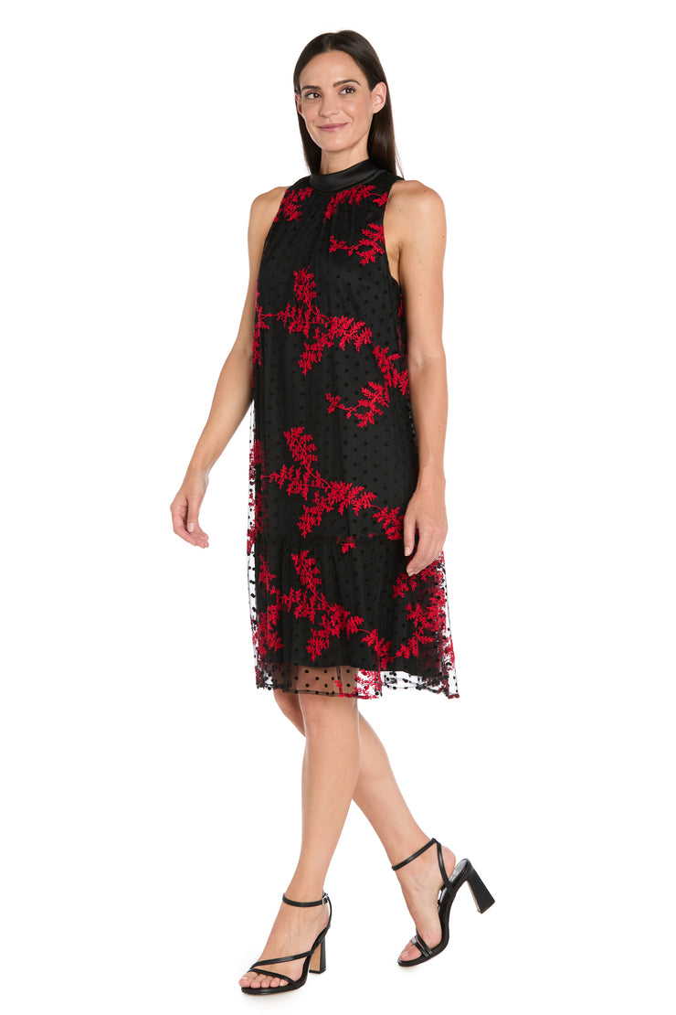 Embroidered Flocked Tulle Swing Dress with Satin Collar