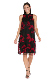 Embroidered Flocked Tulle Swing Dress with Satin Collar