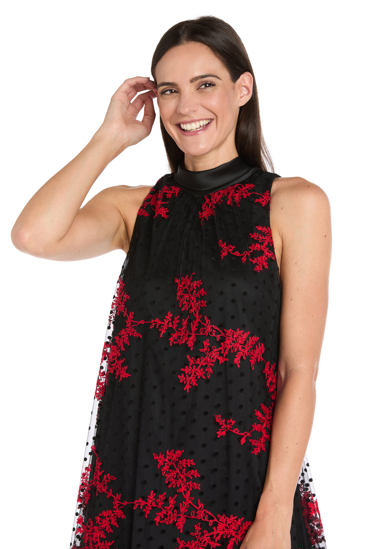 Embroidered Flocked Tulle Swing Dress with Satin Collar