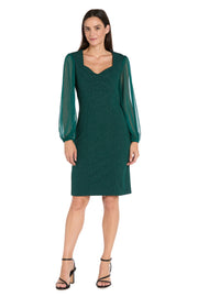 Glitter Knit Sheath Dress with Chiffon Sleeves & Pleated Bust - Petite