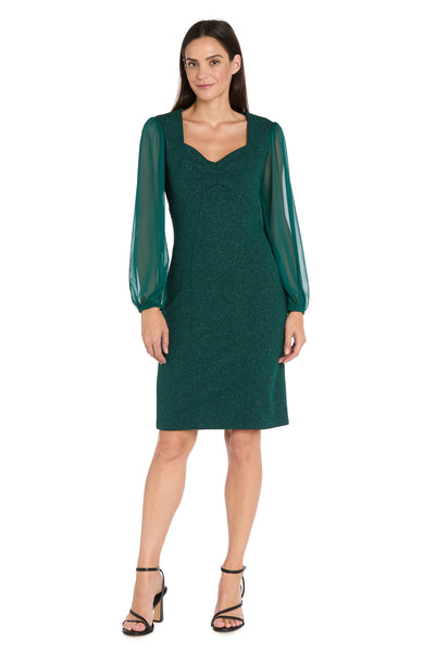 Glitter Knit Sheath Dress with Chiffon Sleeves & Pleated Bust - Petite