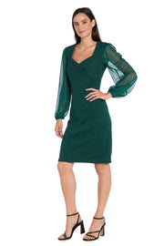 Glitter Knit Sheath Dress with Chiffon Sleeves & Pleated Bust - Petite