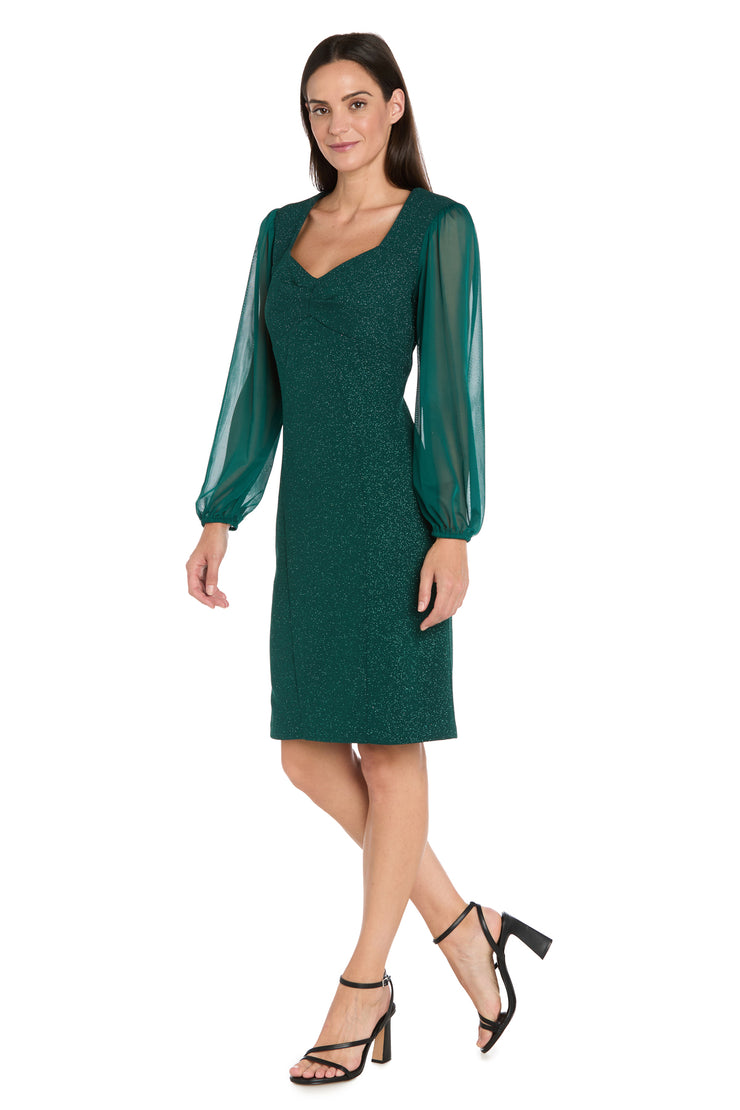 Glitter Knit Sheath Dress with Chiffon Sleeves & Pleated Bust - Petite