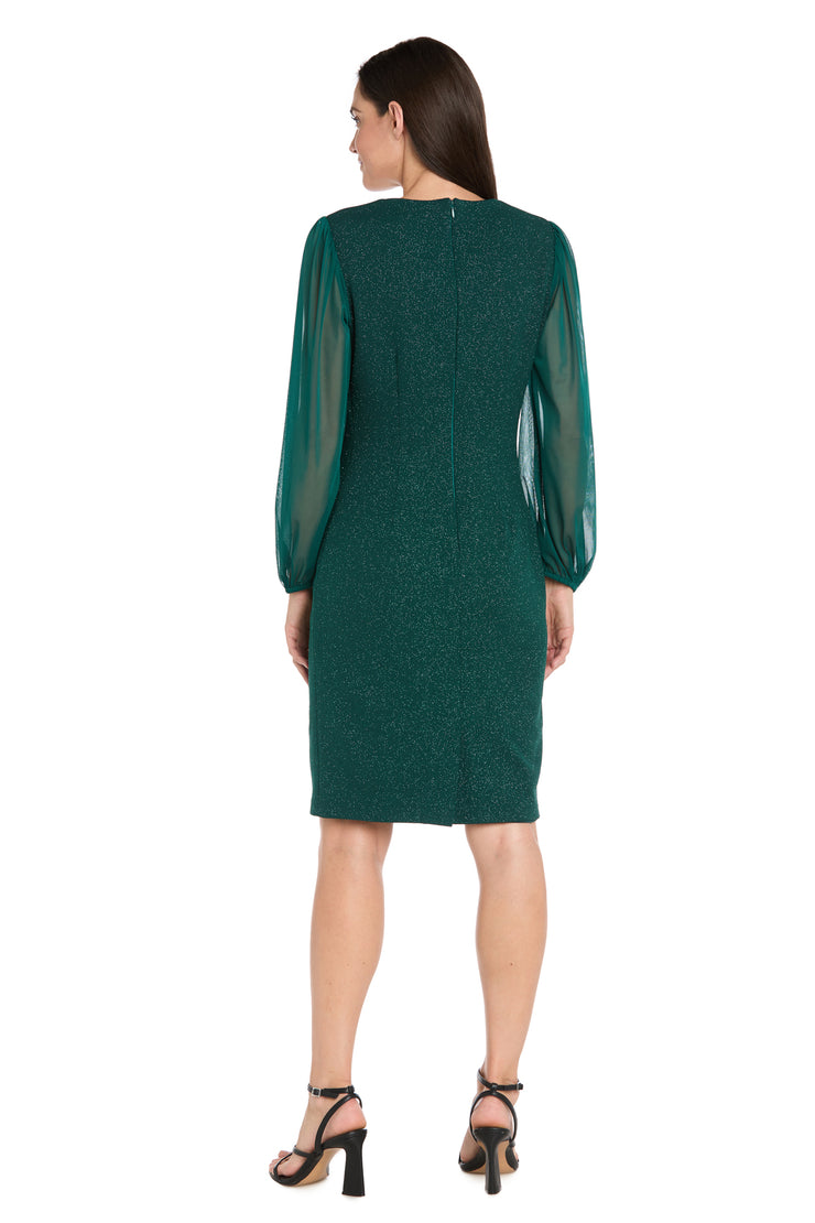Glitter Knit Sheath Dress with Chiffon Sleeves & Pleated Bust - Petite