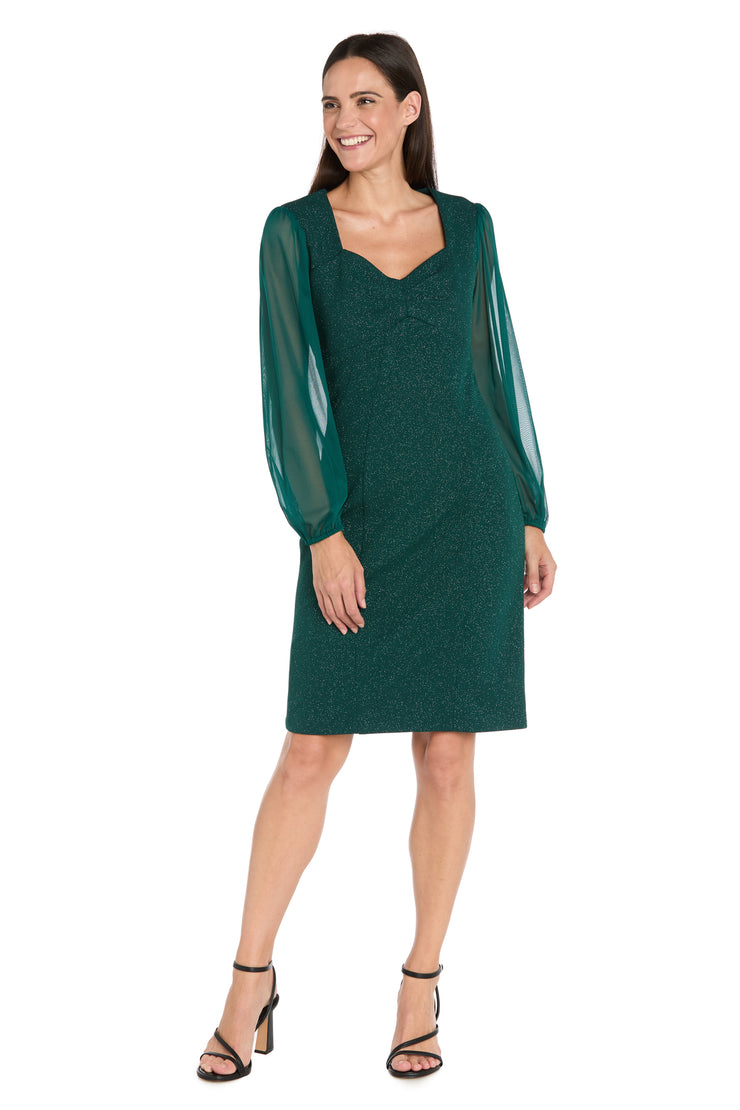 Glitter Knit Sheath Dress with Chiffon Sleeves & Pleated Bust - Petite