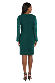 Glitter Knit Sheath Dress with Chiffon Sleeves & Pleated Bust - Petite