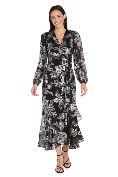 Foil Chiffon Wrap Dress with Rhinestone Buckle
