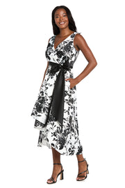 Black & White Printed Lamour High-Low Wrap Dress with Satin Sash