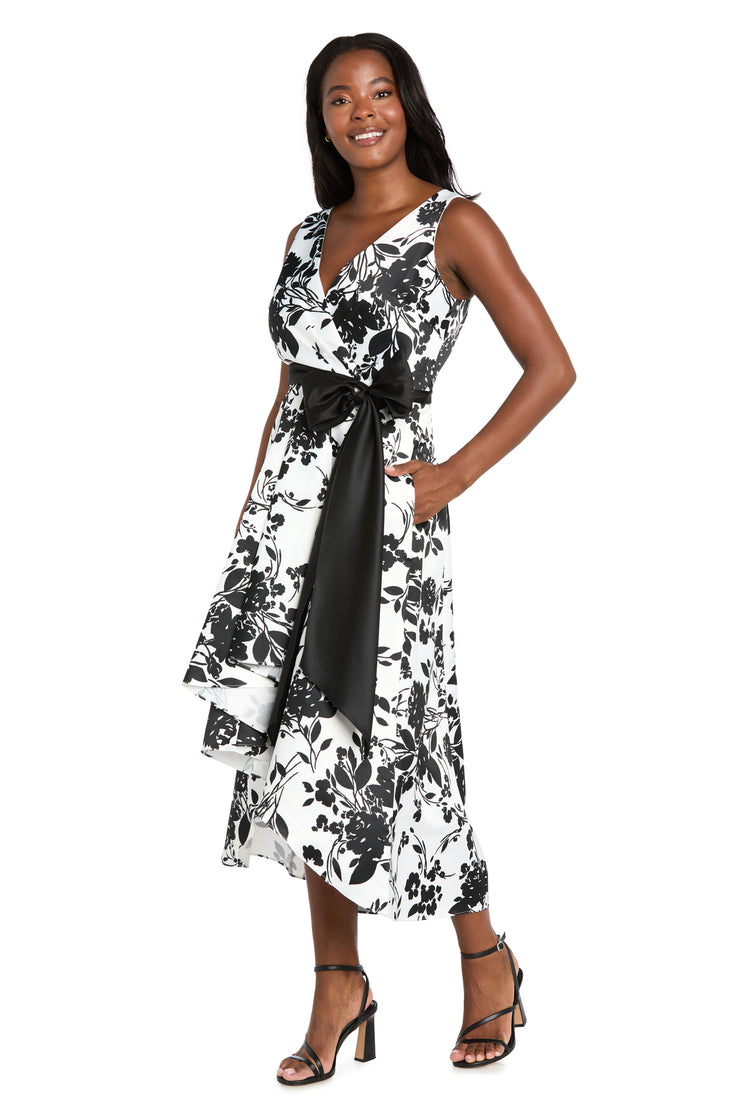 Black & White Printed Lamour High-Low Wrap Dress with Satin Sash