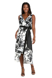 Black & White Printed Lamour High-Low Wrap Dress with Satin Sash